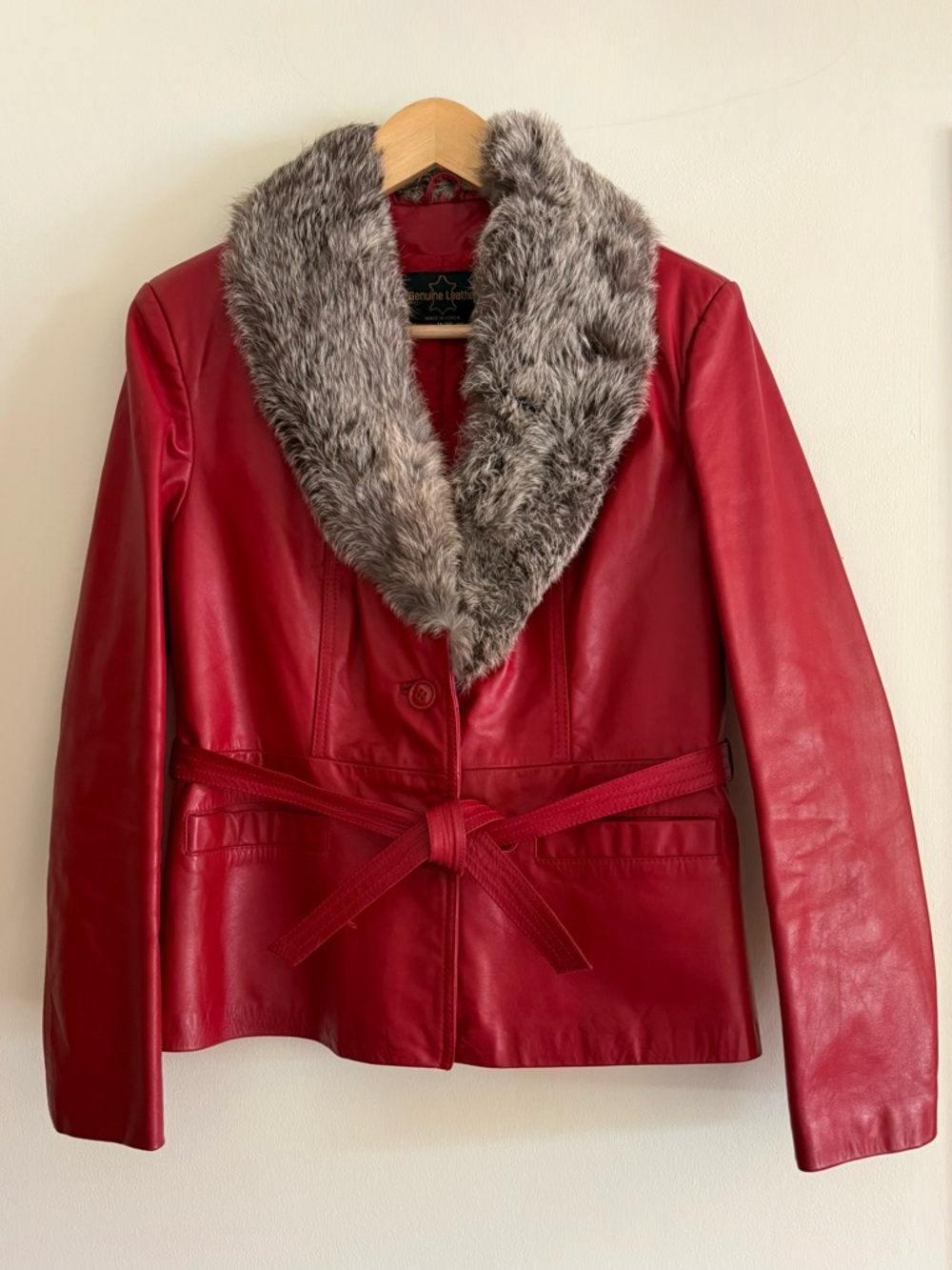 Vintage Red Genuine Leather Jacket with  Real Fur Collar Belted Coat Mobwife